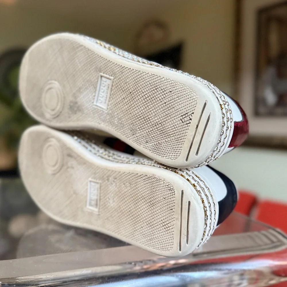 GUCCI Calfskin Crystal Web Bee Womens Ace Platform Sneakers 39 White - Picture 8 of 15